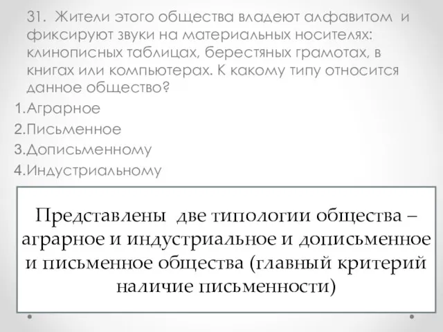 31. Жители этого общества владеют алфавитом и фиксируют звуки на