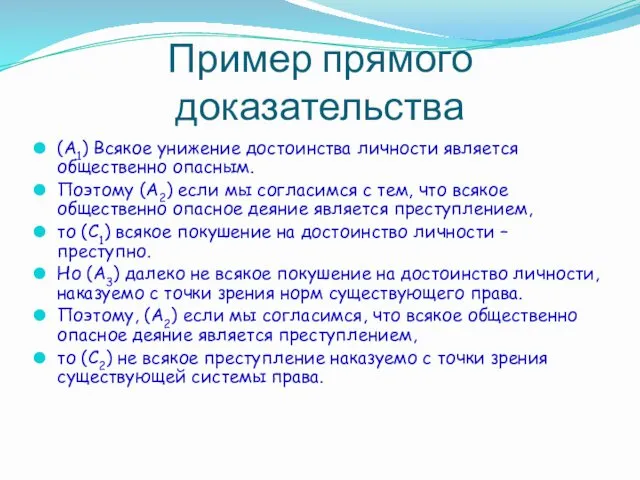 Пример прямого доказательства (A1) Всякое унижение достоинства личности является общественно