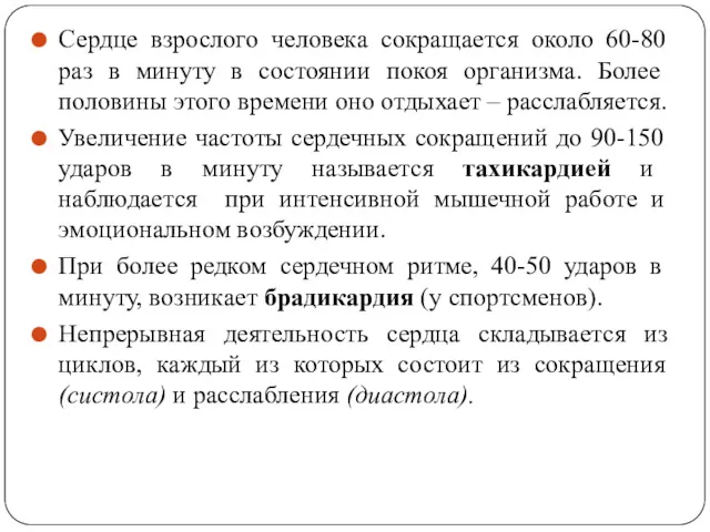 Сердце взрослого человека сокращается около 60-80 раз в минуту в