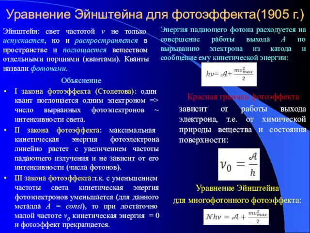 Уравнение Эйнштейна для фотоэффекта(1905 г.) Эйнштейн: свет частотой ν не