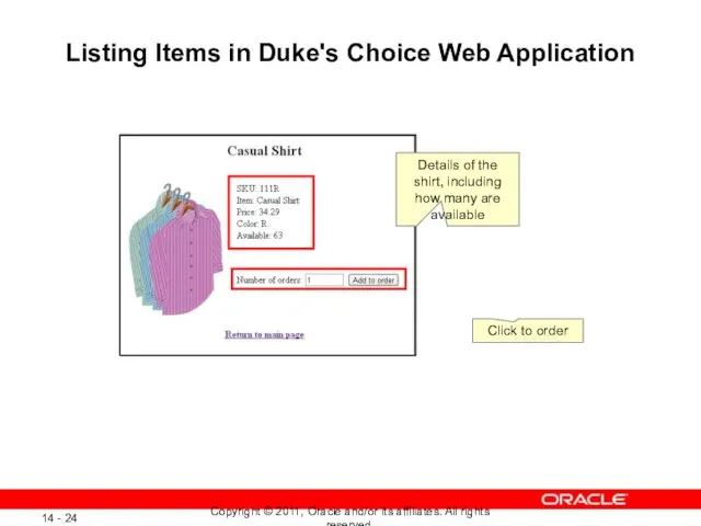 Listing Items in Duke's Choice Web Application Details of the shirt, including how