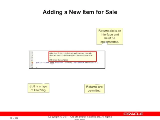Adding a New Item for Sale Returnable is an interface and must be
