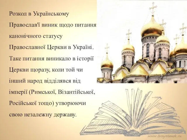 Розкол в Українському Православ'ї виник щодо питання канонічного статусу Православної