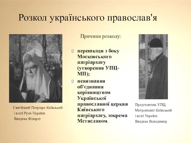 Розкол українського православ'я Причини розколу: перешкоди з боку Московського патріархату