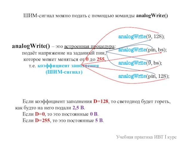 analogWrite() – это встроенная процедура: подаёт напряжение на заданный пин,