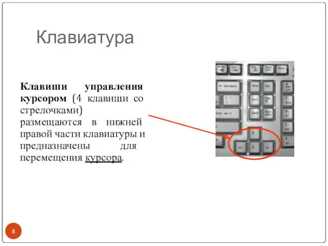 Клавиатура Клавиши управления курсором (4 клавиши со стрелочками) размещаются в