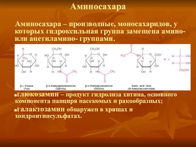 Аминосахара Аминосахара – производные, моносахаридов, у которых гидроксильная группа замещена