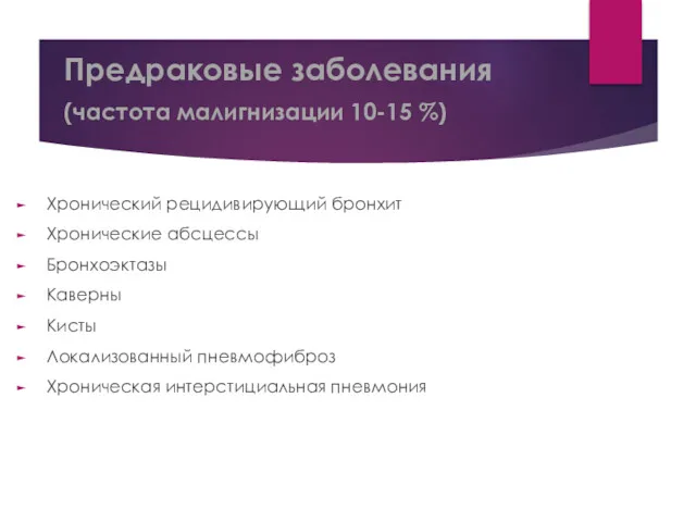 Предраковые заболевания (частота малигнизации 10-15 %) Хронический рецидивирующий бронхит Хронические абсцессы Бронхоэктазы Каверны