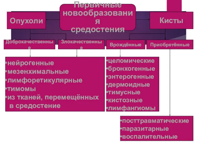 Первичные новообразования средостения Кисты Опухоли Доброкачественные Злокачественные Врождённые Приобретённые нейрогенные