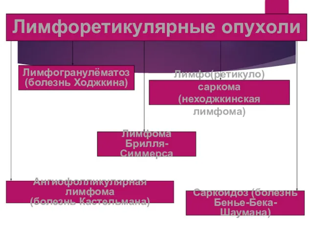 Лимфоретикулярные опухоли Лимфогранулёматоз (болезнь Ходжкина) Лимфо(ретикуло) саркома (неходжкинская лимфома) Лимфома