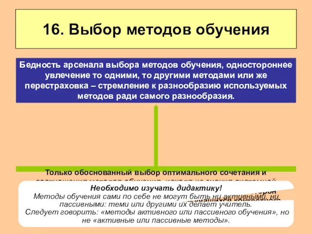 16. Выбор методов обучения Только обоснованный выбор оптимального сочетания и