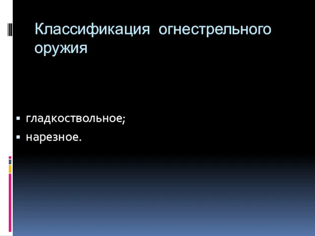 Классификация огнестрельного оружия гладкоствольное; нарезное.