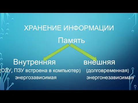 ХРАНЕНИЕ ИНФОРМАЦИИ Память Внутренняя внешняя (ОЗУ, ПЗУ встроена в компьютер) (долговременная) энергозависимая энергонезависимая