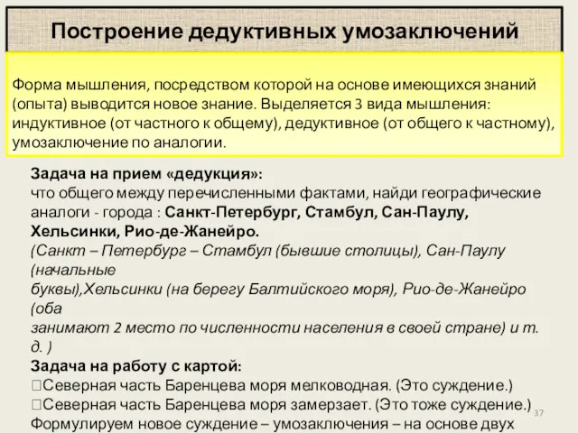 Построение дедуктивных умозаключений Форма мышления, посредством которой на основе имеющихся