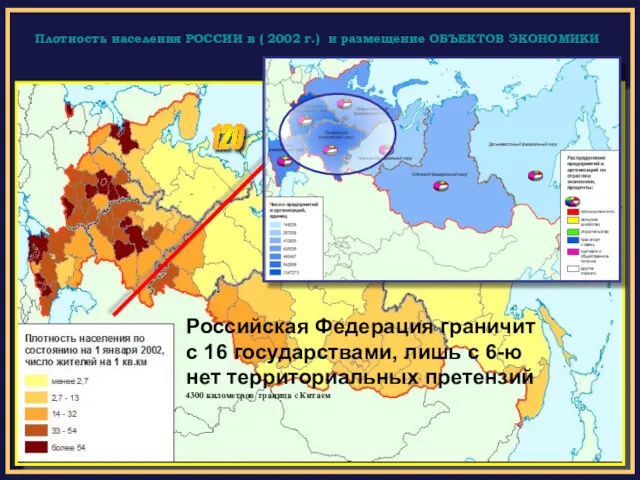 Плотность населения РОССИИ в ( 2002 г.) и размещение ОБЪЕКТОВ ЭКОНОМИКИ 120 Российская