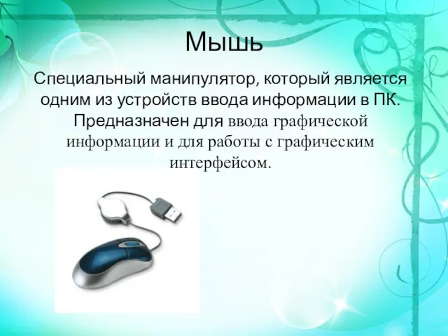 Мышь Специальный манипулятор, который является одним из устройств ввода информации в ПК. Предназначен