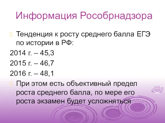 Информация Рособрнадзора Тенденция к росту среднего балла ЕГЭ по истории в РФ: 2014
