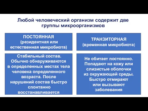 Любой человеческий организм содержит две группы микроорганизмов ПОСТОЯННАЯ (резидентная или