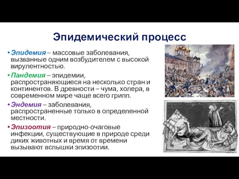 Эпидемический процесс Эпидемия – массовые заболевания, вызванные одним возбудителем с высокой вирулентностью. Пандемия