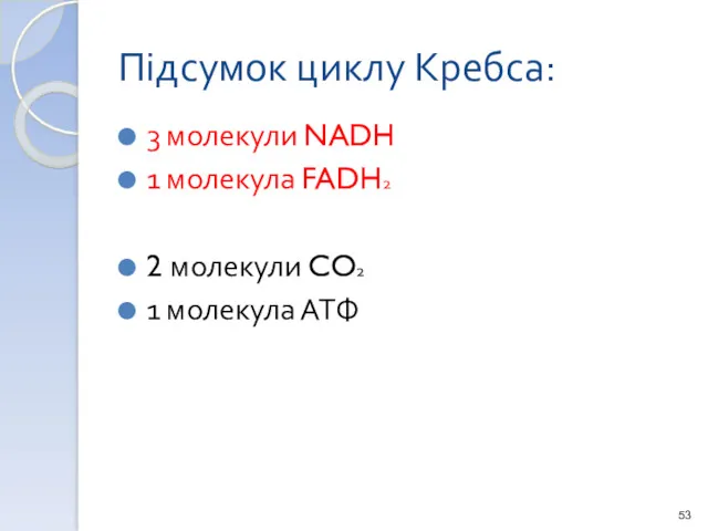 Підсумок циклу Кребса: 3 молекули NADH 1 молекула FADH2 2 молекули CO2 1 молекула АТФ