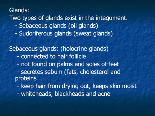 Glands: Two types of glands exist in the integument. - Sebaceous glands (oil