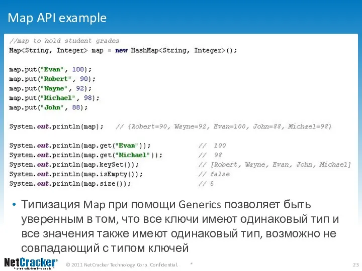 Map API example Типизация Map при помощи Generics позволяет быть