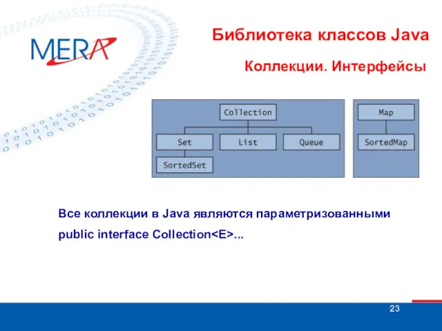 Библиотека классов Java Коллекции. Интерфейсы Все коллекции в Java являются параметризованными public interface Collection ...