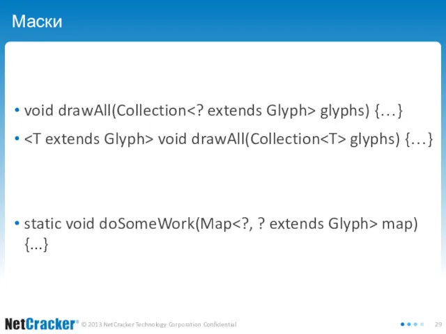 Маски void drawAll(Collection glyphs) {…} void drawAll(Collection glyphs) {…} static void doSomeWork(Map map) {...}