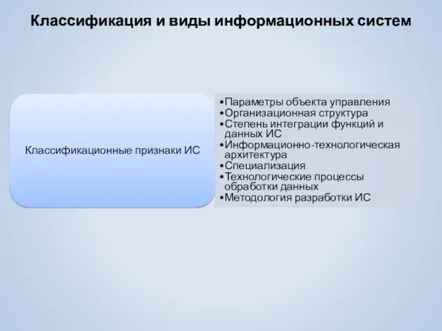 Классификация и виды информационных систем Классификационные признаки ИС Параметры объекта