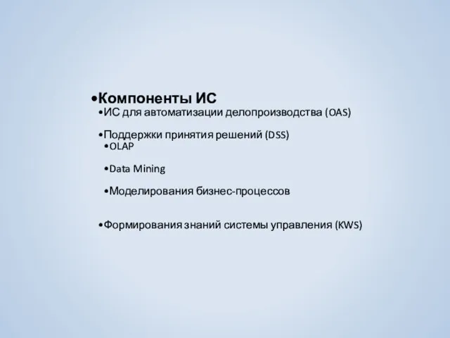 Компоненты ИС ИС для автоматизации делопроизводства (OAS) Поддержки принятия решений