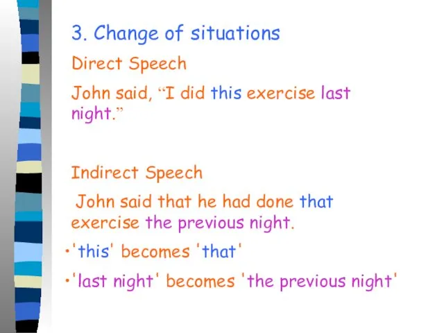 3. Change of situations Direct Speech John said, “I did