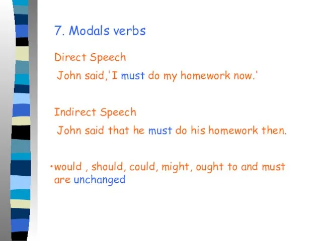 7. Modals verbs Direct Speech John said,'I must do my