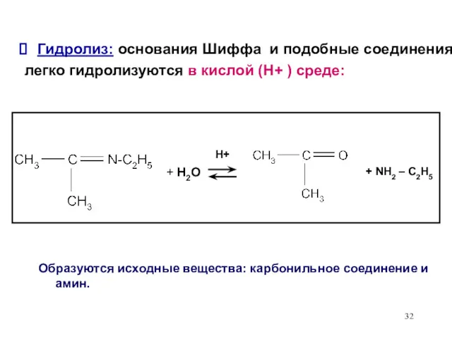 Гидролиз: основания Шиффа и подобные соединения легко гидролизуются в кислой (Н+ ) среде: