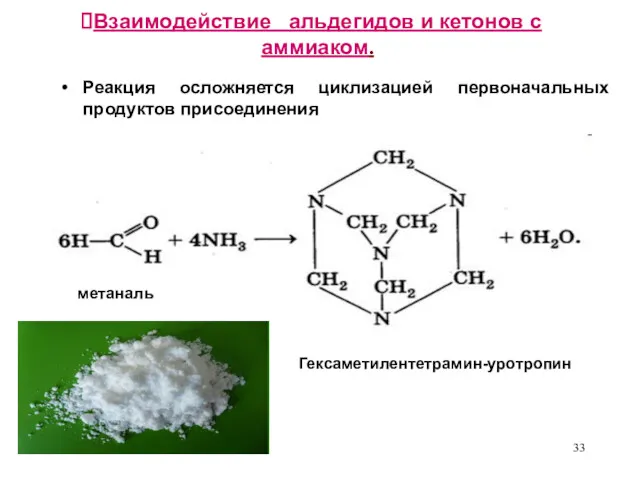 Взаимодействие альдегидов и кетонов с аммиаком. Реакция осложняется циклизацией первоначальных продуктов присоединения метаналь Гексаметилентетрамин-уротропин