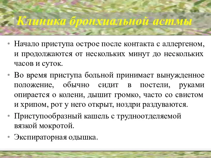 Клиника бронхиальной астмы Начало приступа острое после контакта с аллергеном, и продолжаются от