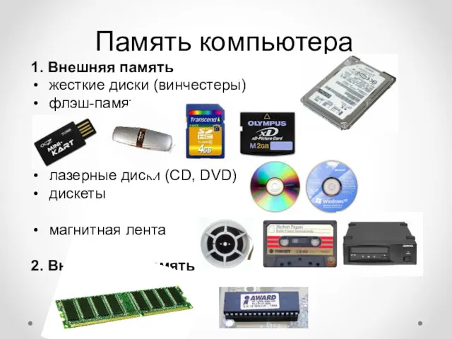 Память компьютера 1. Внешняя память жесткие диски (винчестеры) флэш-память лазерные