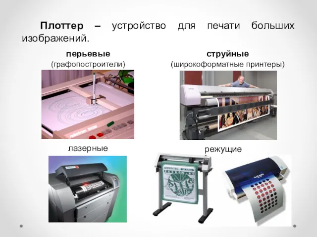 Плоттер – устройство для печати больших изображений. перьевые (графопостроители) струйные (широкоформатные принтеры) лазерные режущие