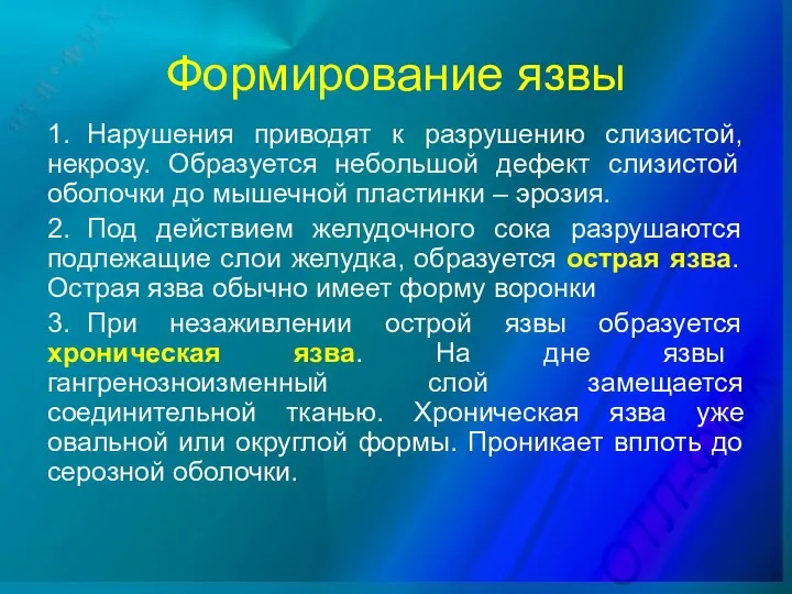 Формирование язвы 1. Нарушения приводят к разрушению слизистой, некрозу. Образуется