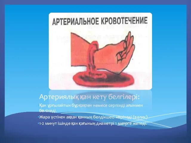 Артериялық қан кету белгілері: Қан ұрғылайтын бұрқақпен немесе серпімді ағынмен