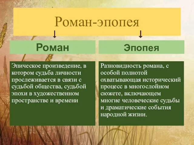 Роман-эпопея Роман Эпическое произведение, в котором судьба личности прослеживается в