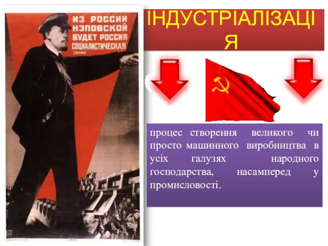 ІНДУСТРІАЛІЗАЦІЯ процес створення великого чи просто машинного виробництва в усіх галузях народного господарства, насамперед у промисловості.