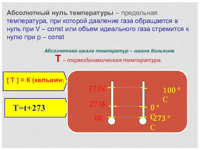 Абсолютный нуль температуры – предельная температура, при которой давление газа обращается в нуль