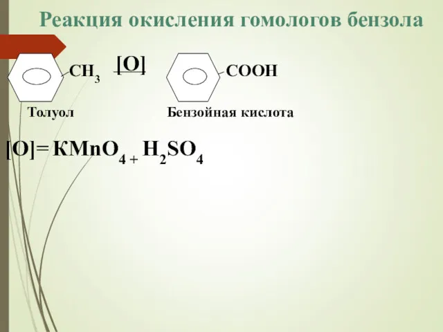 [О] [О]= КМnО4 + Н2SО4 СН3 СООН Толуол Бензойная кислота Реакция окисления гомологов бензола