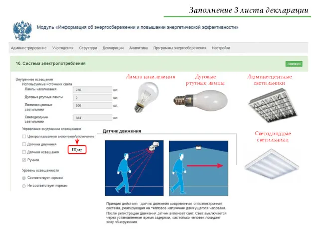 Лампа накаливания Дуговые ртутные лампы Люминесцентные светильники Светодиодные светильники Щит Заполнение 3 листа декларации