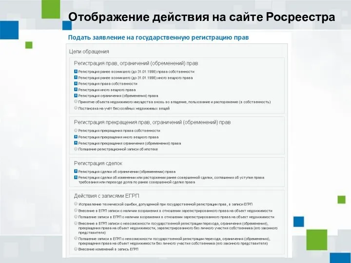 Отображение действия на сайте Росреестра