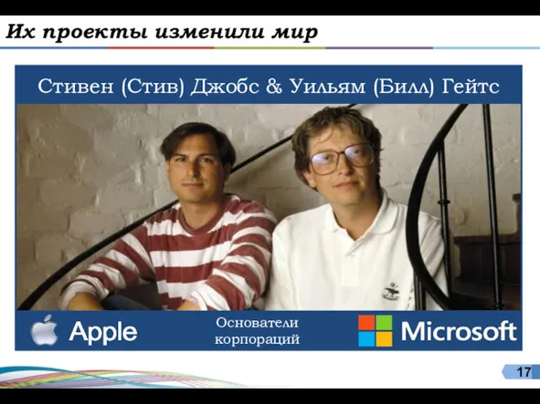 Стивен (Стив) Джобс & Уильям (Билл) Гейтс Их проекты изменили мир Основатели корпораций