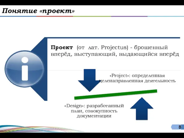 Понятие «проект» Проект (от лат. Projectus) - брошенный вперёд, выступающий, выдающийся вперёд