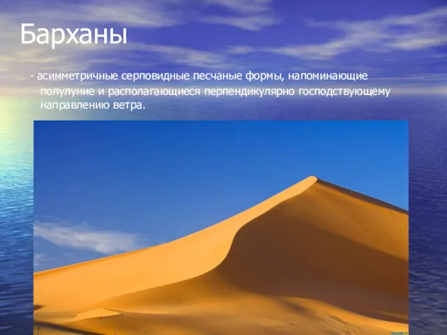 Барханы - асимметричные серповидные песчаные формы, напоминающие полулуние и располагающиеся перпендикулярно господствующему направлению ветра.