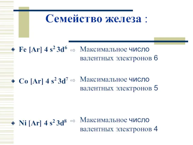 Семейство железа : Fe [Ar] 4 s2 3d6 Co [Ar]