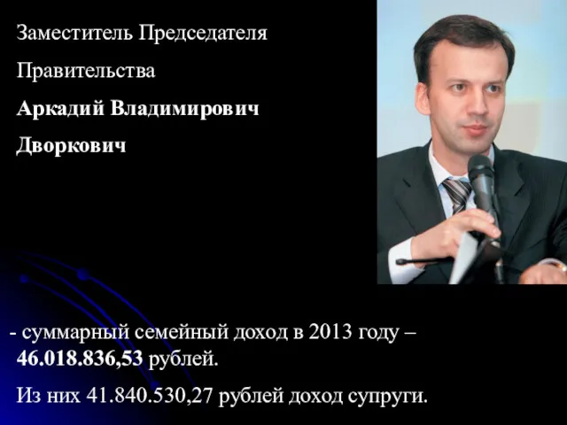 суммарный семейный доход в 2013 году – 46.018.836,53 рублей. Из